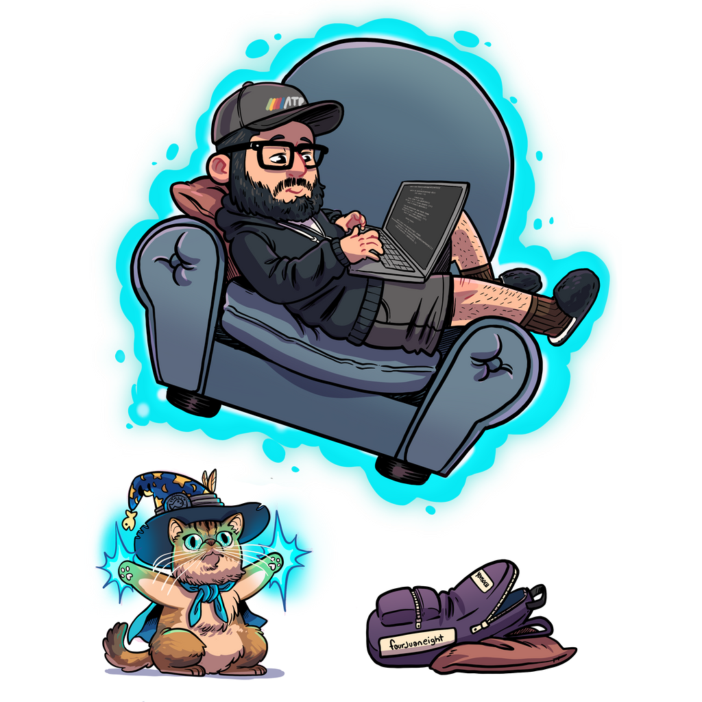 Illustration of Juan laying on a sofa, coding on a laptop. While being levitated by a wizard cat.
